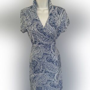 J. McLaughlin Blue and White Paisley Wrap Midi Dress-S blue white   Polyester